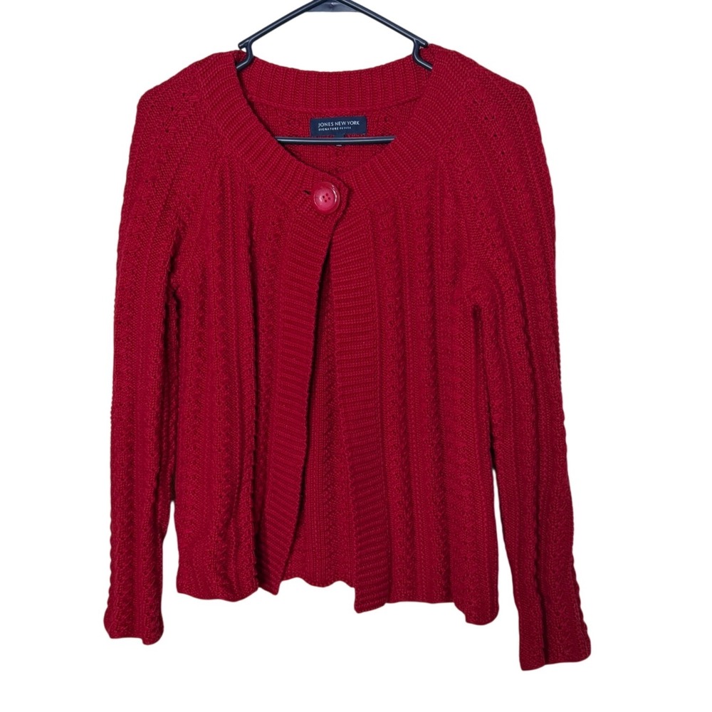 Jones New York Signature Petite Red Cable Knit Single Button Cardigan Sweater PP